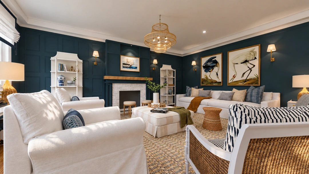 Living room with patterned chairs and white sofa — New Bedford, MA, Studio Dalika; project view 4
