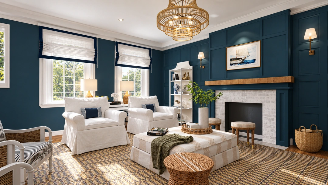 Living room with fireplace and tall windows — New Bedford, MA, Studio Dalika; project view 5