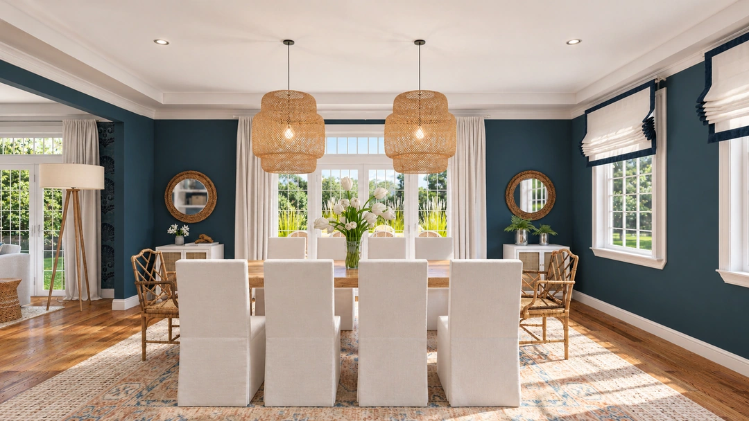 Dining room with white chairs and blue walls — New Bedford, MA, Studio Dalika; project view 6