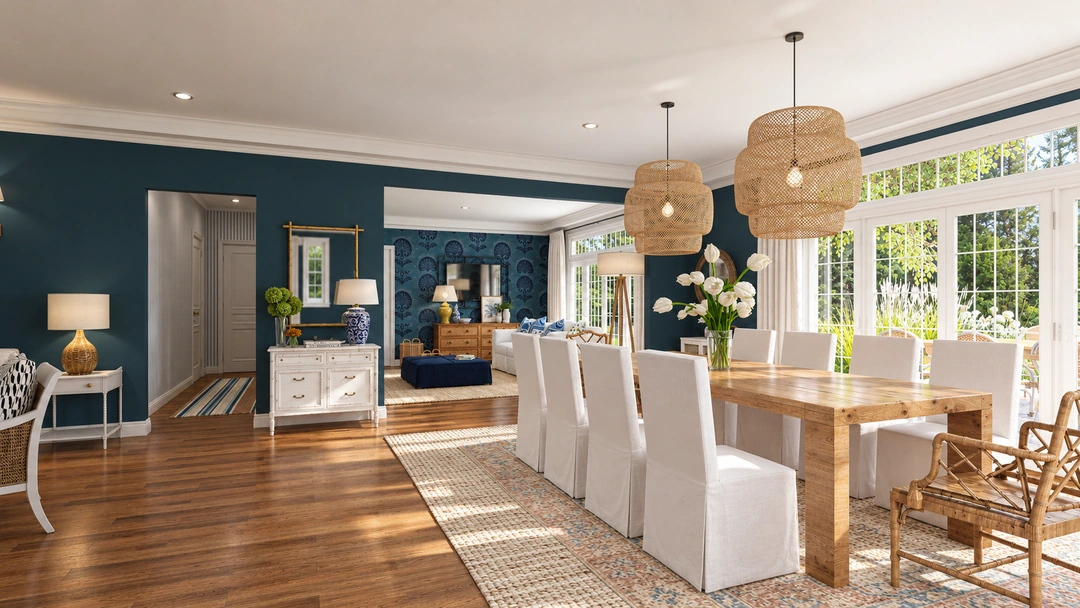 Dining area beside kitchen with woven pendant lights — New Bedford, MA, Studio Dalika; project view 7
