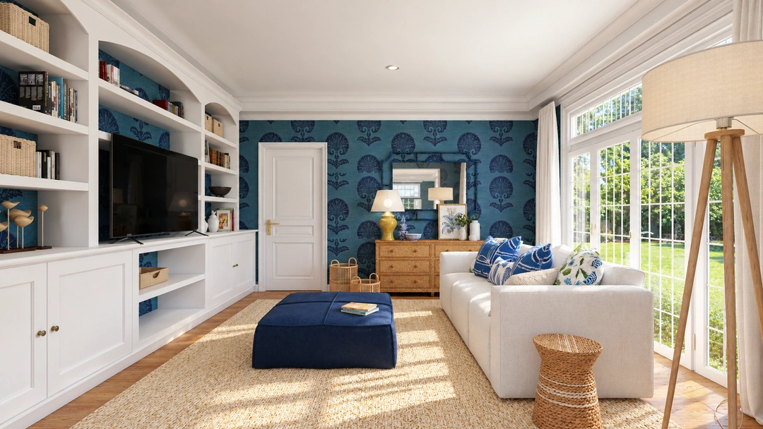 White kitchen opening toward living room and garden — New Bedford, MA, Studio Dalika; project view 8