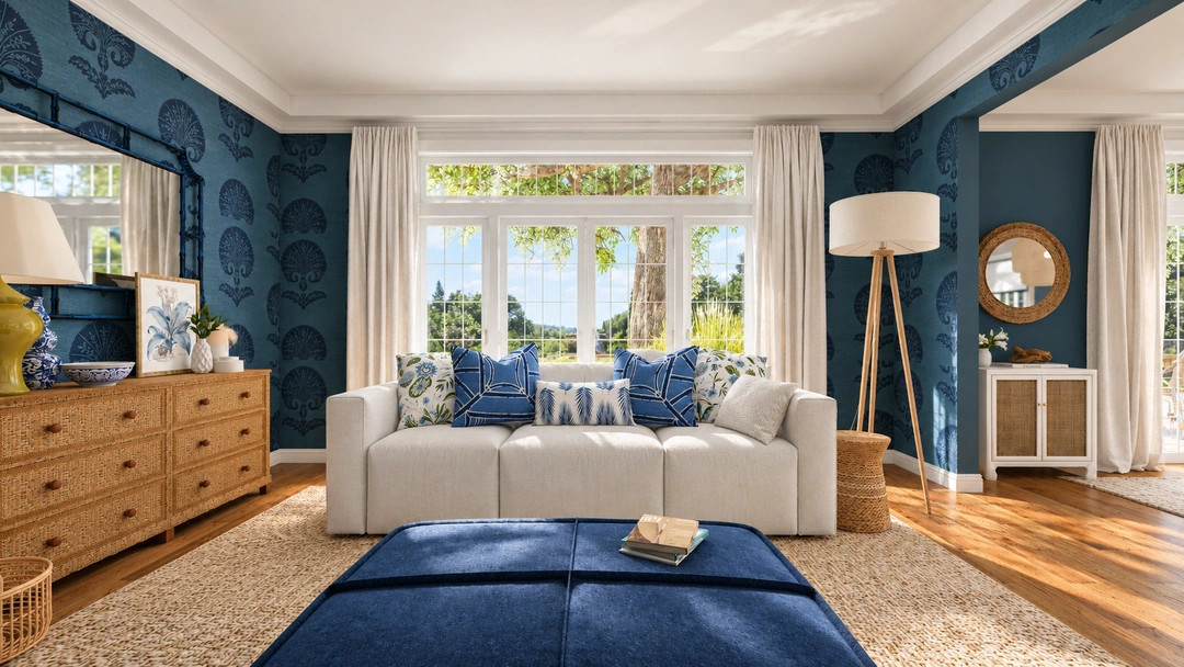 Living room with white sofa and blue ottoman — New Bedford, MA, Studio Dalika; project view 9