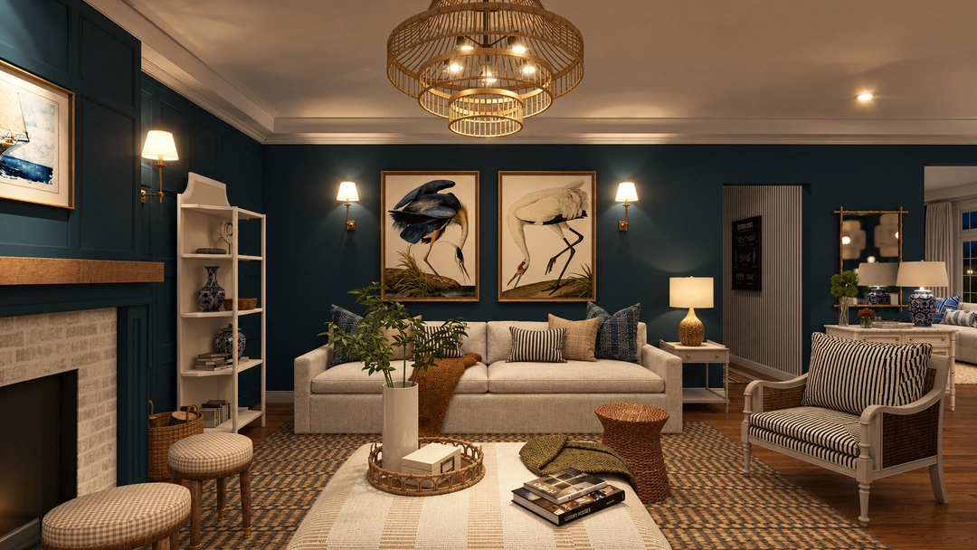 Evening living room with white sofa and blue walls — New Bedford, MA, Studio Dalika; project view 10