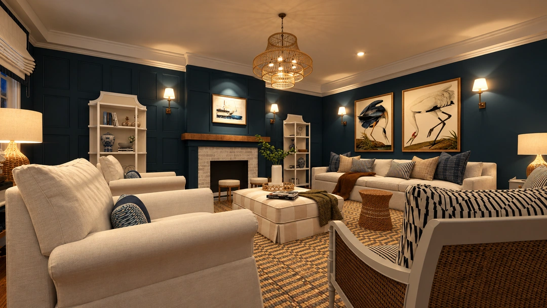 Evening sitting area with patterned chairs and fireplace — New Bedford, MA, Studio Dalika; project view 11