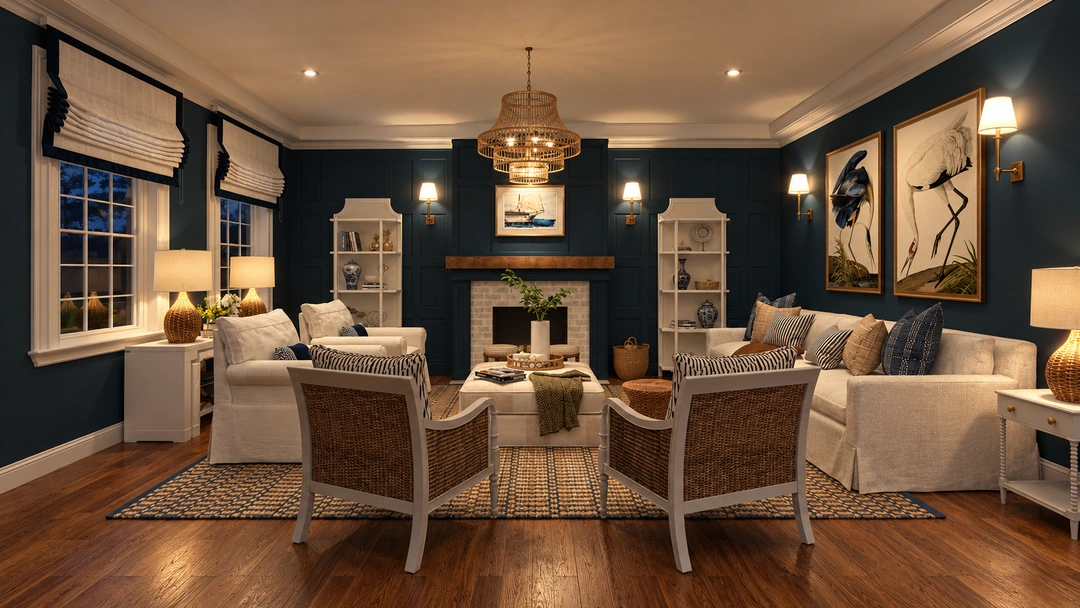 Evening living room with fireplace and blue walls — New Bedford, MA, Studio Dalika; project view 12