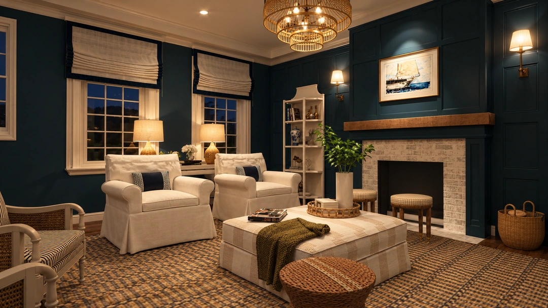 Evening living room with fireplace and patterned seating — New Bedford, MA, Studio Dalika; project view 13