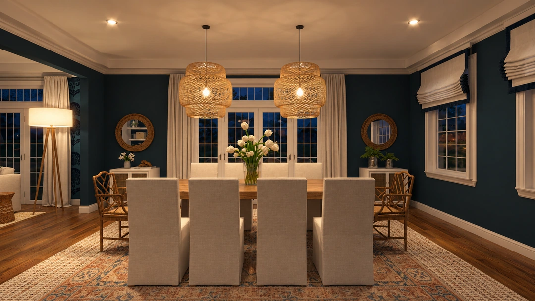 Evening dining room with white chairs and woven pendants — New Bedford, MA, Studio Dalika; project view 14