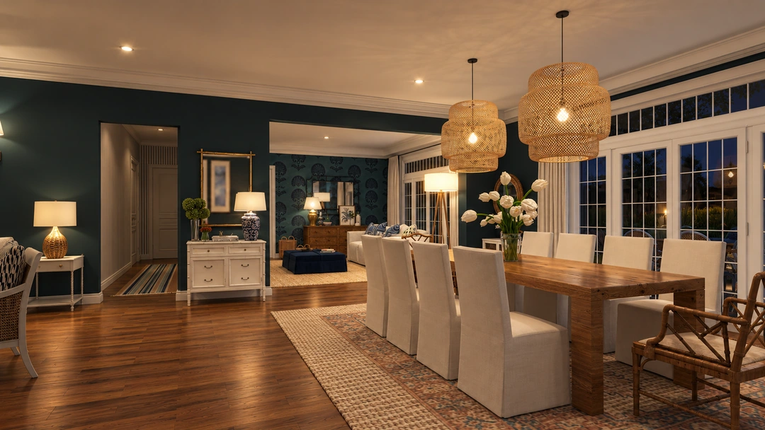 Dining room beside white kitchen and woven pendants — New Bedford, MA, Studio Dalika; project view 15