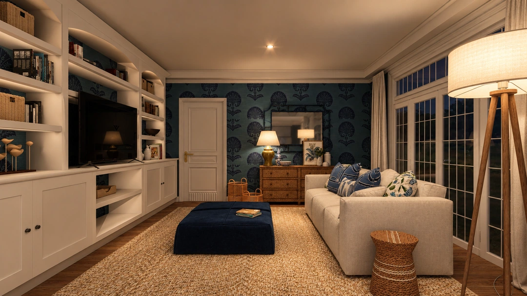 Open kitchen and living room with blue walls — New Bedford, MA, Studio Dalika; project view 16