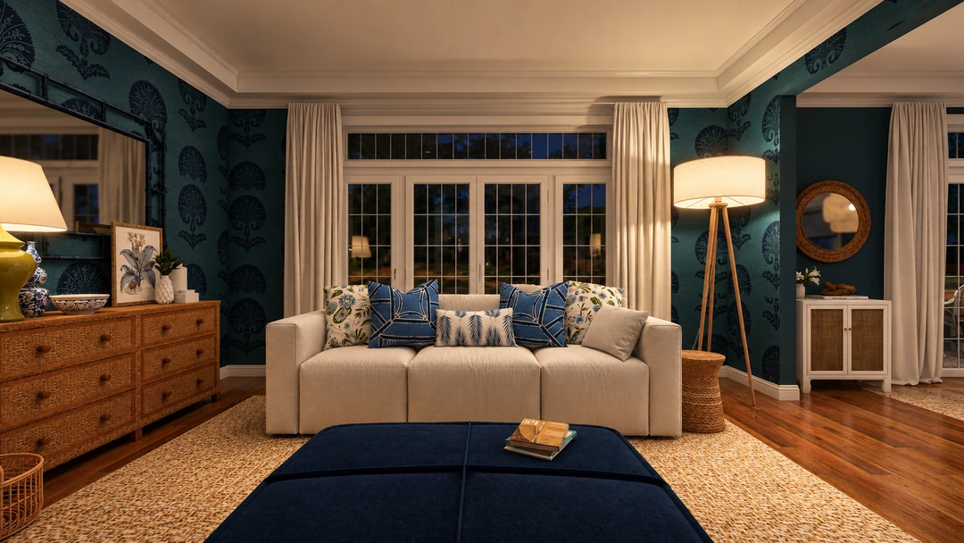 Living room with white sofa and blue paneled walls — New Bedford, MA, Studio Dalika; project view 17