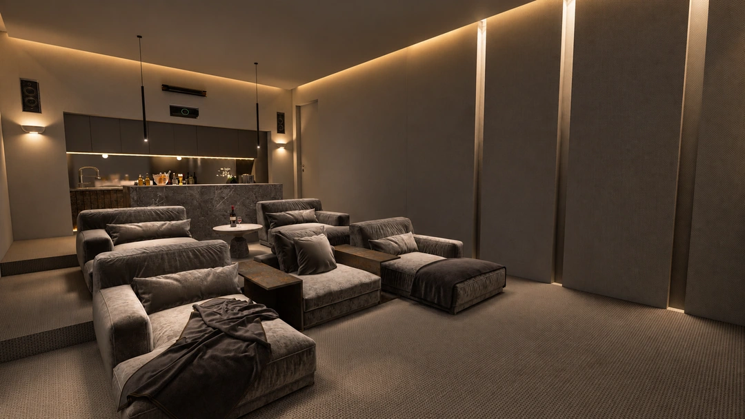 Home cinema with reclining seats and perimeter lighting — Brentwood, CA, Studio Dalika