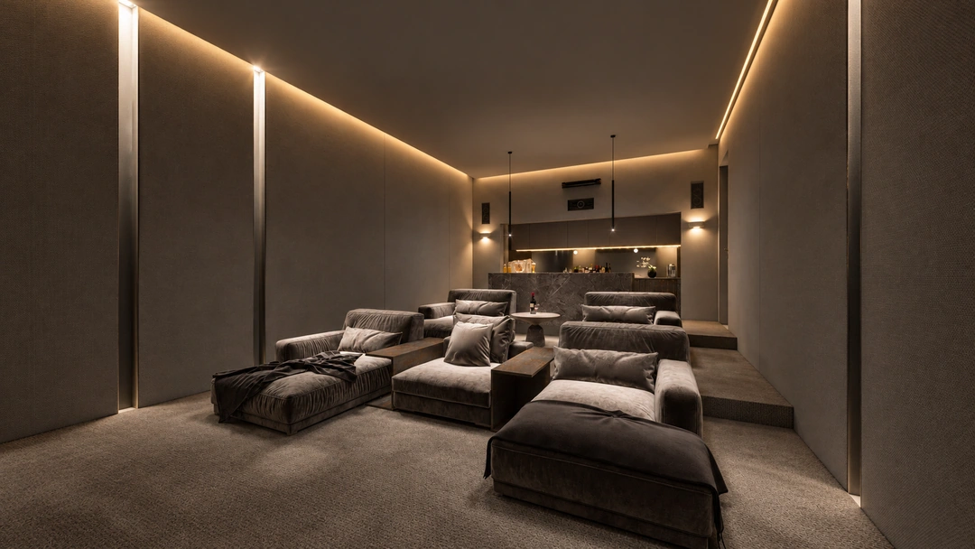 Home cinema seating beneath recessed perimeter lighting — Brentwood, CA, Studio Dalika; project view 3