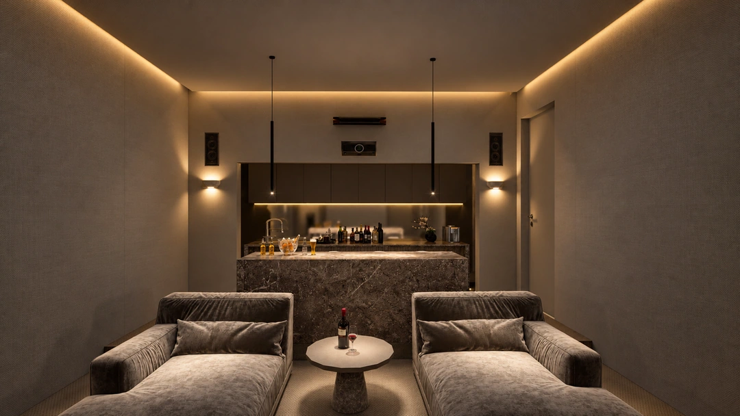 Home cinema with recliners facing projection screen — Brentwood, CA, Studio Dalika; project view 4