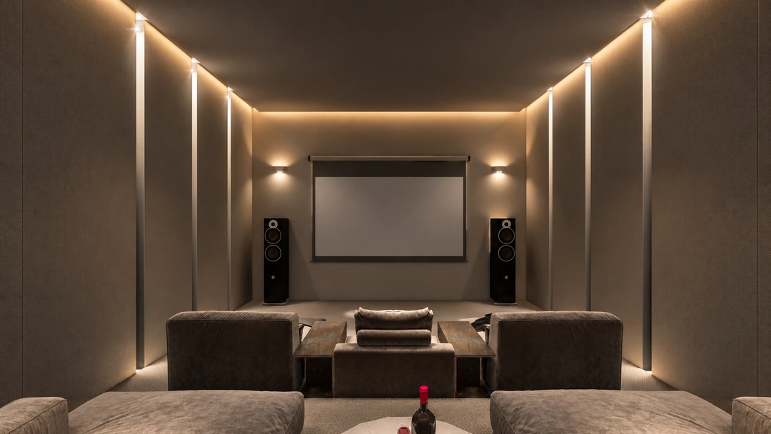 Home cinema with reclining seats and illuminated wall lines — Brentwood, CA, Studio Dalika; project view 5