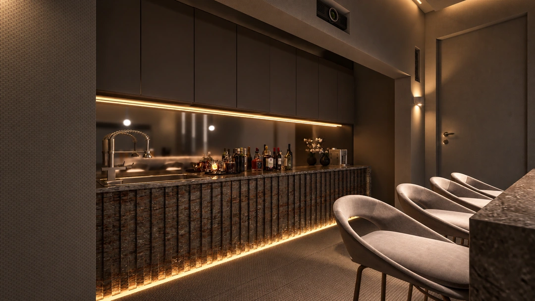 Home cinema rear counter with bar stools — Brentwood, CA, Studio Dalika; project view 6