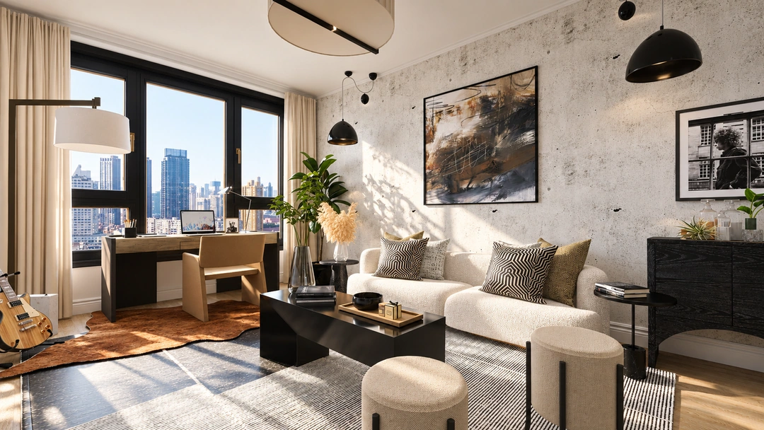 Living room with pale sofa and abstract artwork — Chicago, IL, Studio Dalika
