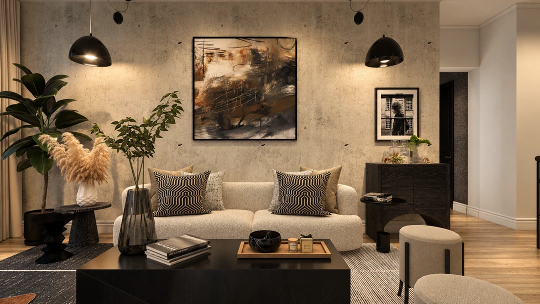 Evening living room with sofa and framed artwork — Chicago, IL, Studio Dalika; project view 3