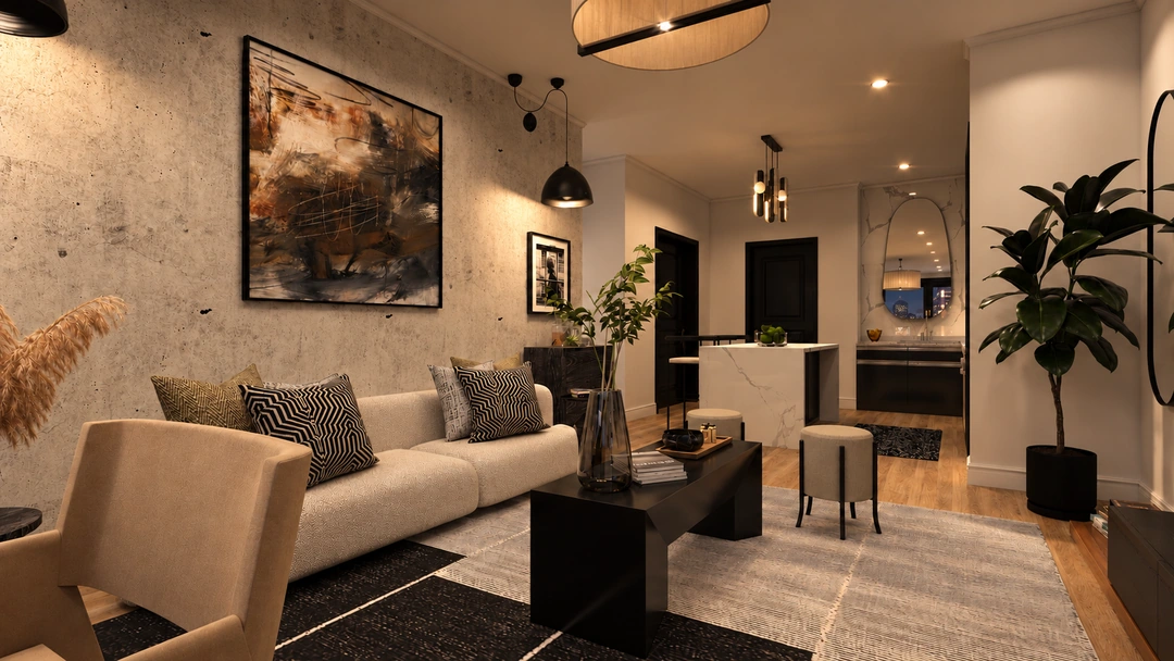 Evening sitting room with sofa and large framed artwork — Chicago, IL, Studio Dalika; project view 4