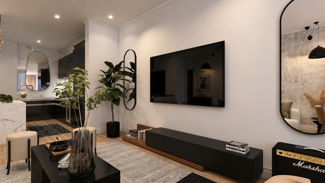 Television wall with low console and leafy plant — Chicago, IL, Studio Dalika; project view 5