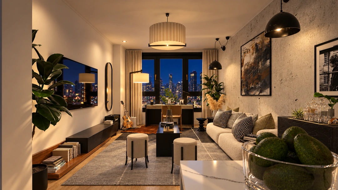 Evening sitting room with sofa and arched floor lamp — Chicago, IL, Studio Dalika; project view 6