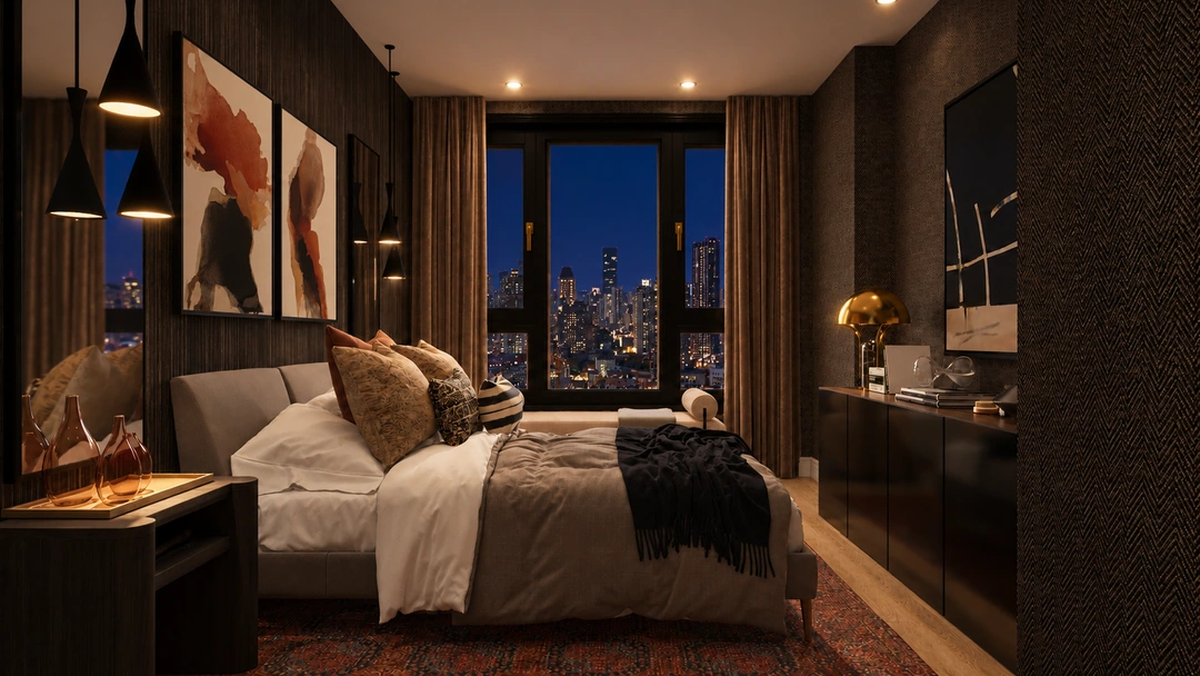 Evening bedroom with dark curtains and layered bedding — Chicago, IL, Studio Dalika; project view 7