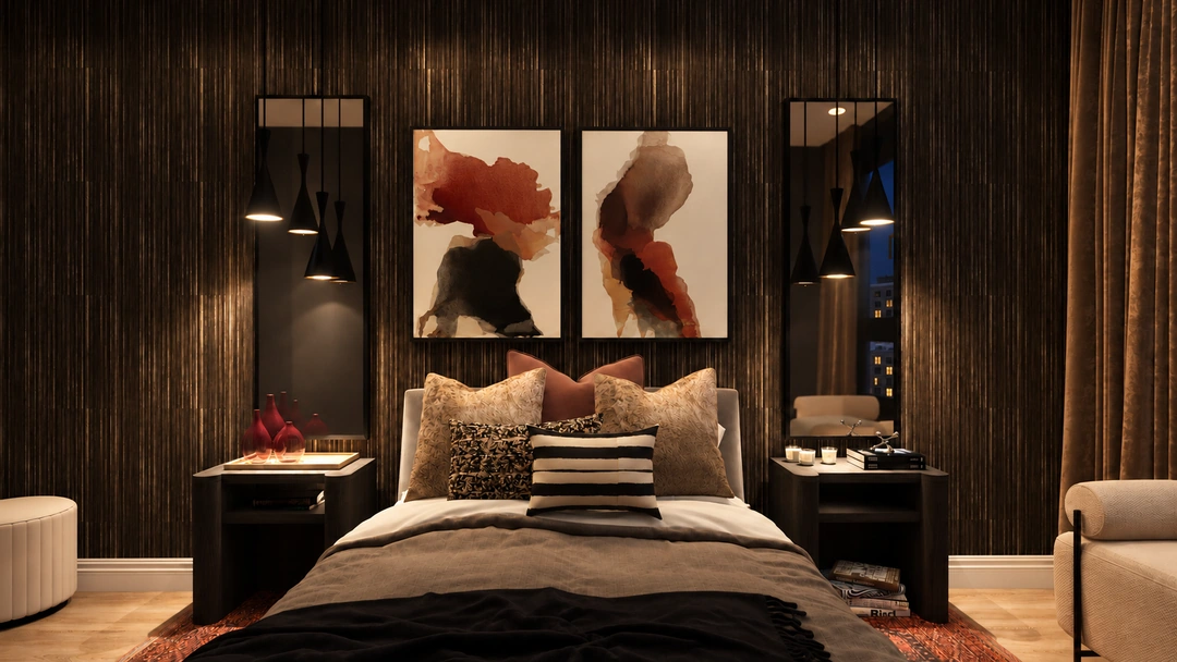 Evening bedroom with dark walls and bold artwork — Chicago, IL, Studio Dalika; project view 8
