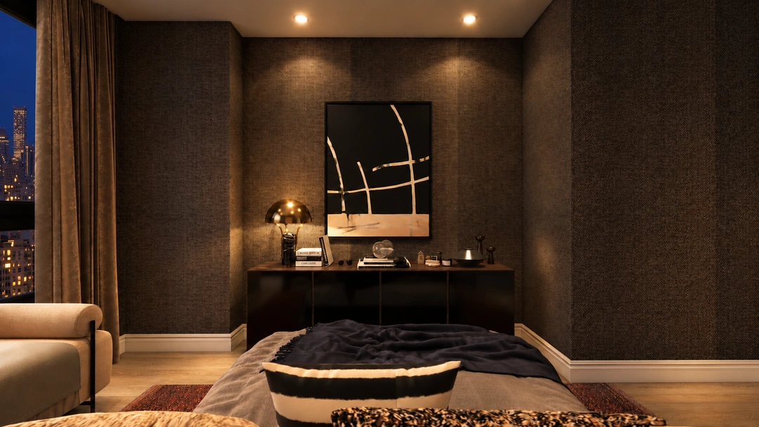 Evening console beneath mirror in dark paneled alcove — Chicago, IL, Studio Dalika; project view 9