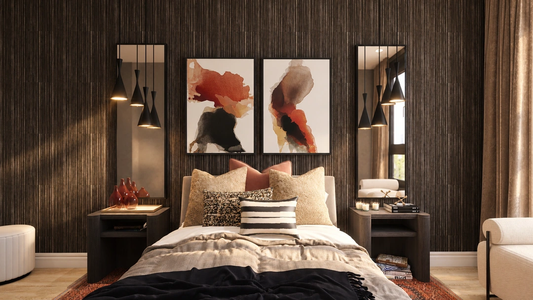 Bedroom with bold artwork and layered neutral bedding — Chicago, IL, Studio Dalika; project view 10