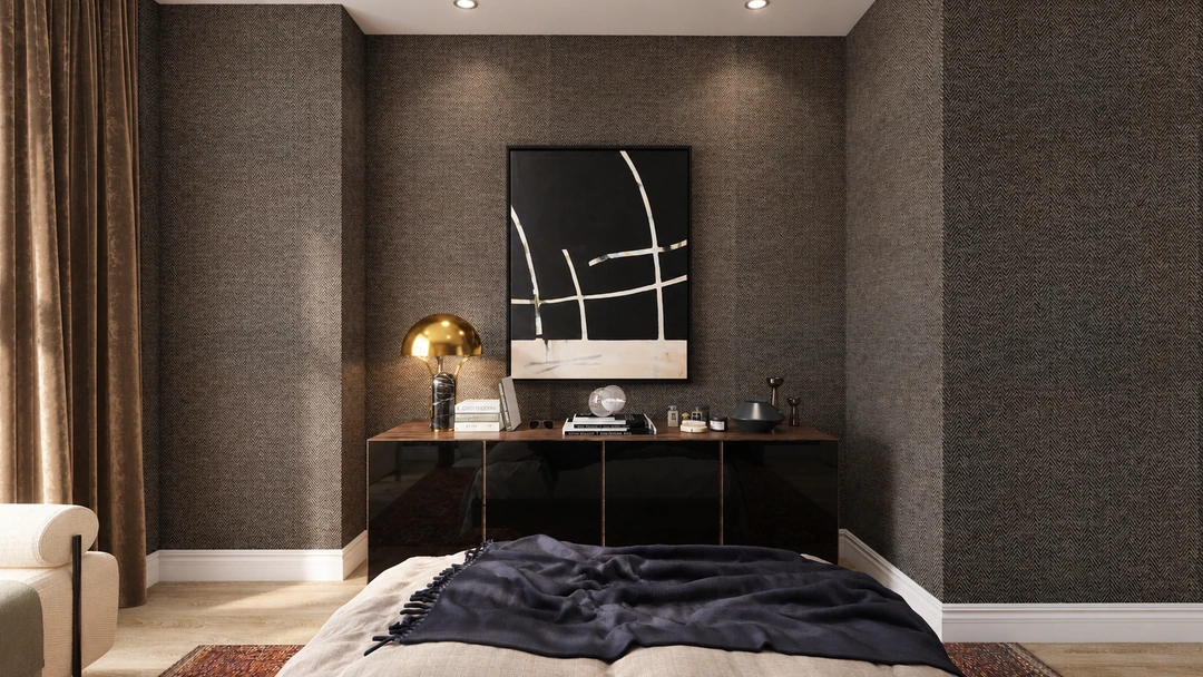 Dark alcove with console and sculptural mirror — Chicago, IL, Studio Dalika; project view 11