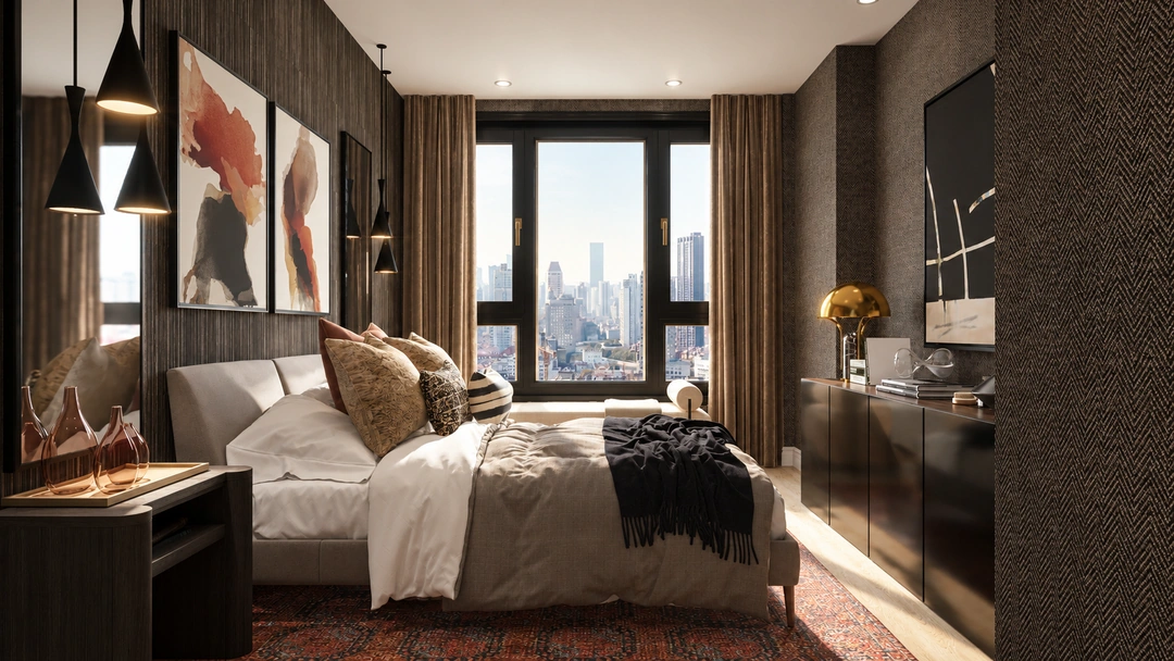 Bedroom with layered bedding and dark paneled wall — Chicago, IL, Studio Dalika; project view 12