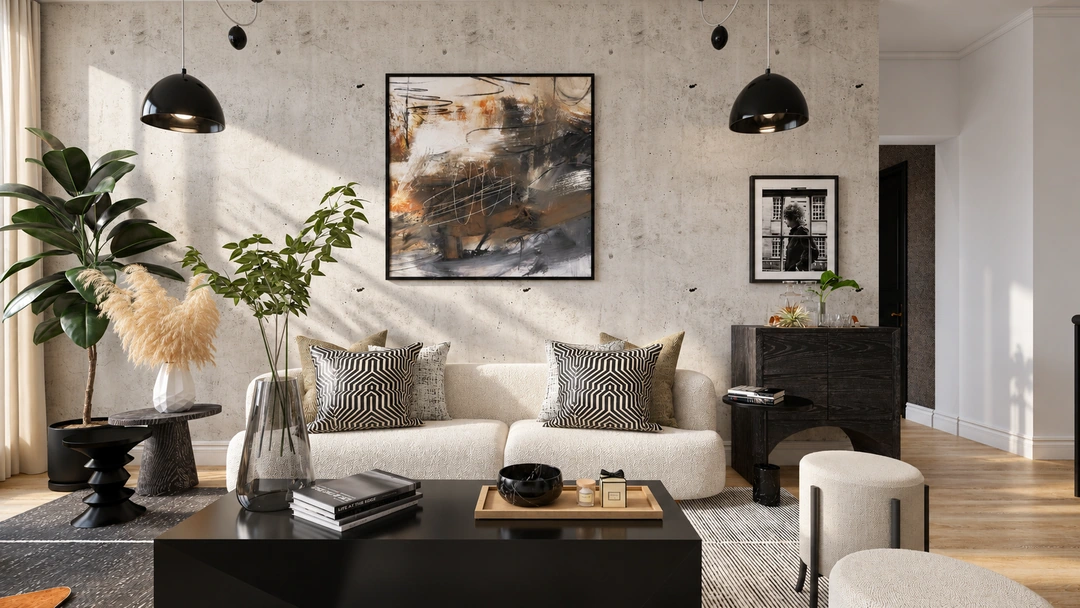 Living room with round coffee table and arched floor lamp — Chicago, IL, Studio Dalika; project view 14