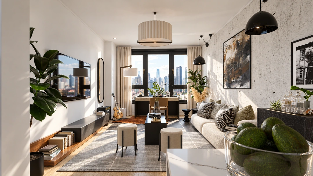 Bright living room with pale sofa and green chairs — Chicago, IL, Studio Dalika; project view 15