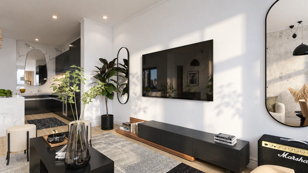 Television wall with low console and tall mirror — Chicago, IL, Studio Dalika; project view 16