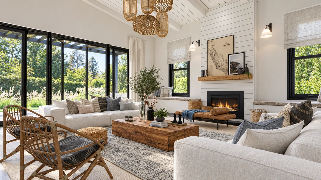 Living room with fireplace and woven accent chairs — Newport Beach, CA, Studio Dalika