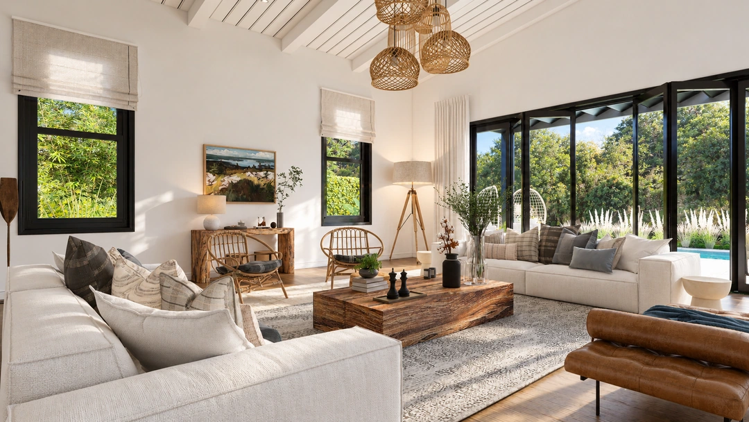 White sofa beside fireplace and large garden windows — Newport Beach, CA, Studio Dalika; project view 3