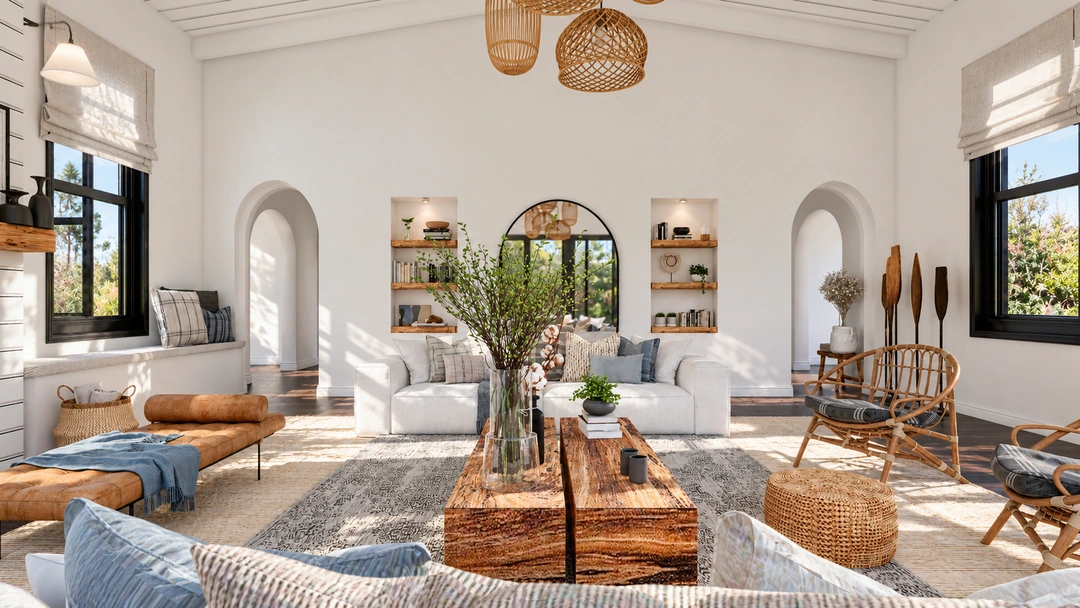 Living room with arched doorway and woven pendant lights — Newport Beach, CA, Studio Dalika; project view 4