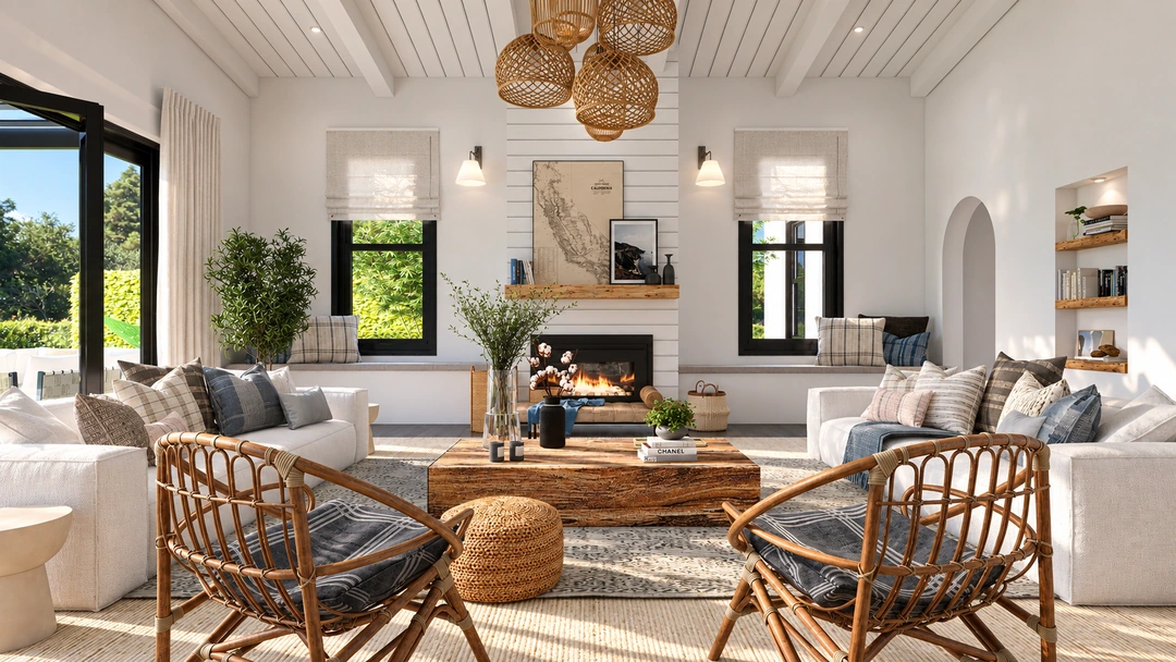 Open living room with white sofas and woven chairs — Newport Beach, CA, Studio Dalika; project view 5