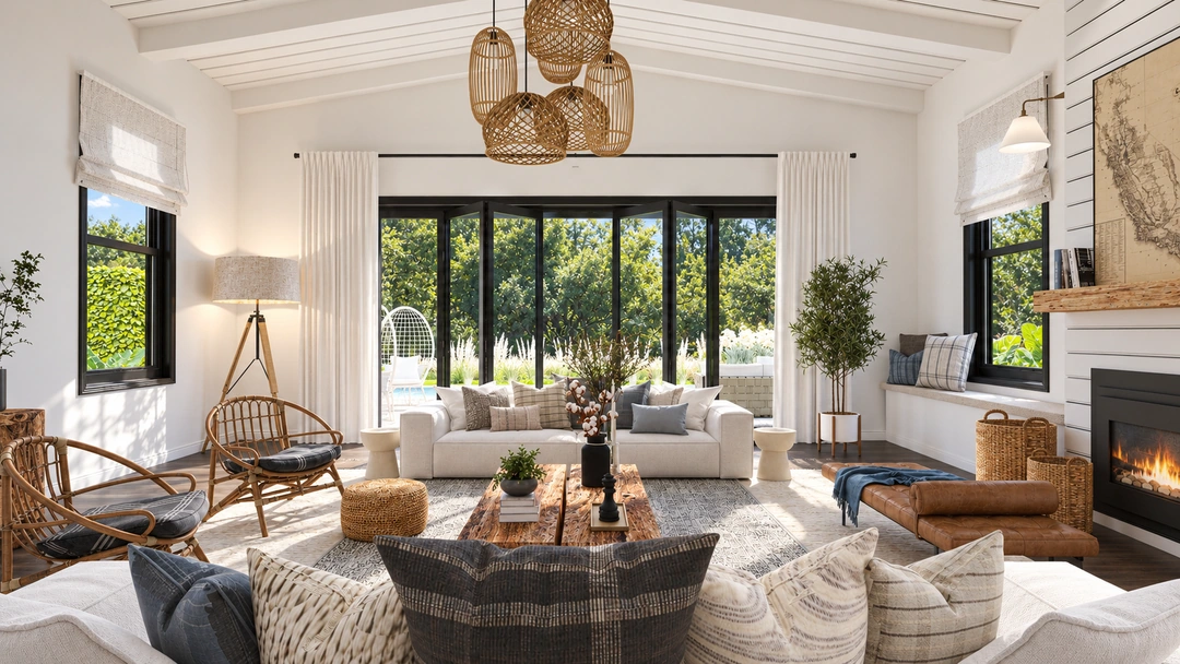 White living room with fireplace and woven pendants — Newport Beach, CA, Studio Dalika; project view 6