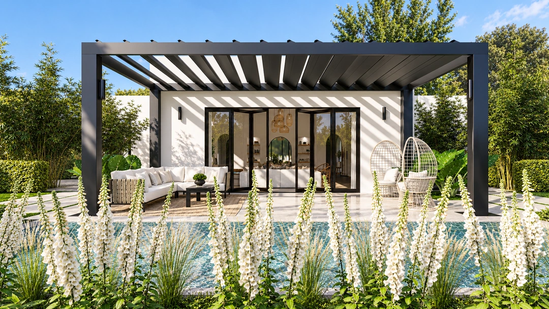 Poolside terrace beneath dark slatted pergola — Newport Beach, CA, Studio Dalika; project view 7