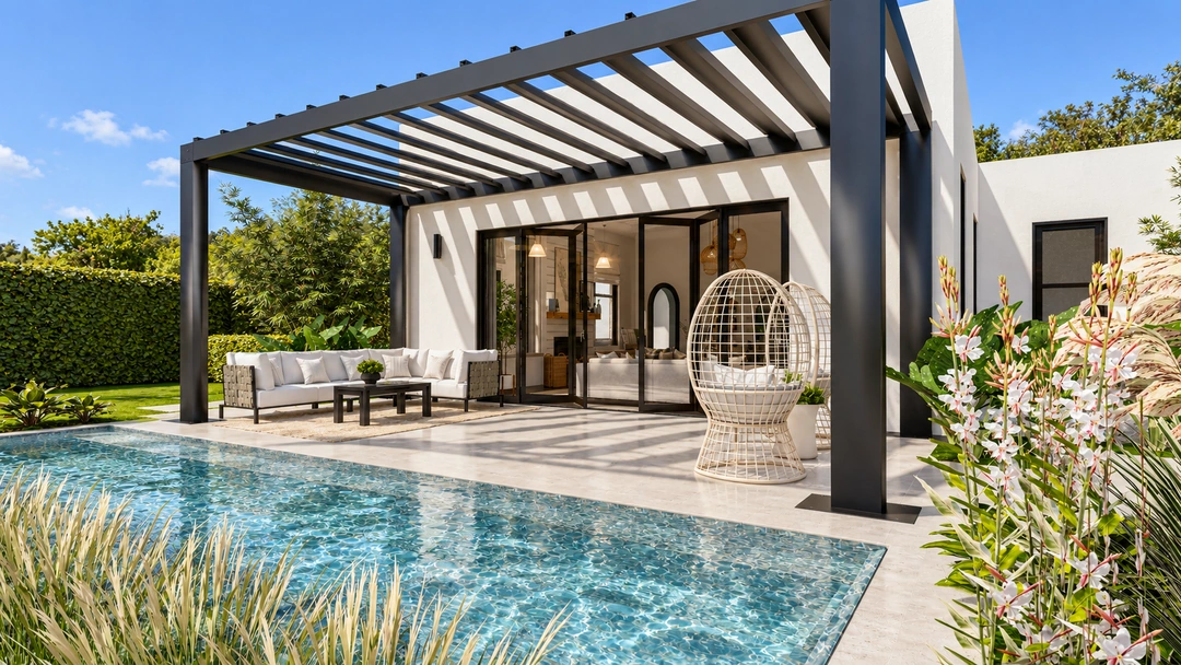 Pool beside pergola and outdoor dining area — Newport Beach, CA, Studio Dalika; project view 8