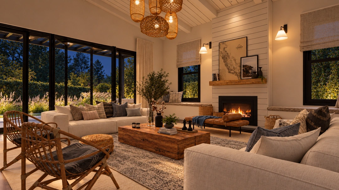 Evening living room with fireplace and layered neutral seating — Newport Beach, CA, Studio Dalika; project view 9