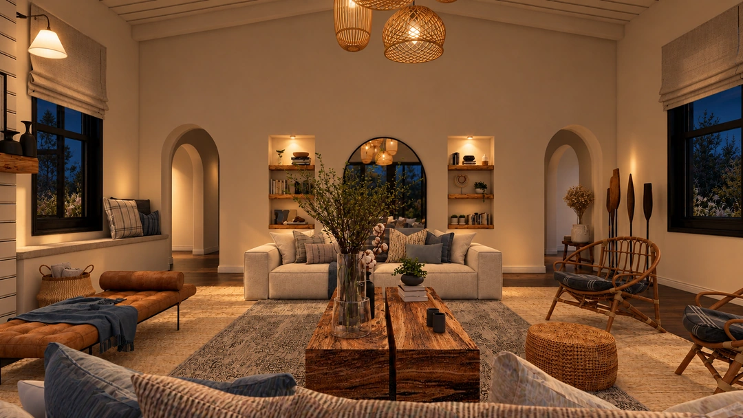 Evening living room with arched openings and woven pendants — Newport Beach, CA, Studio Dalika; project view 10