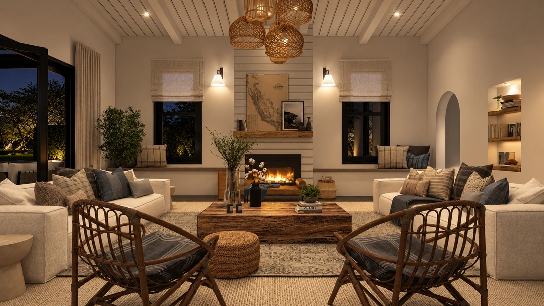 Evening living room with woven chairs and broad windows — Newport Beach, CA, Studio Dalika; project view 11