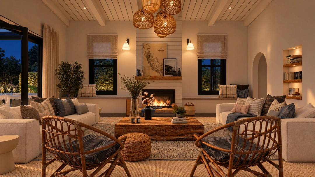 Evening living room with white sofas and woven chairs — Newport Beach, CA, Studio Dalika; project view 12