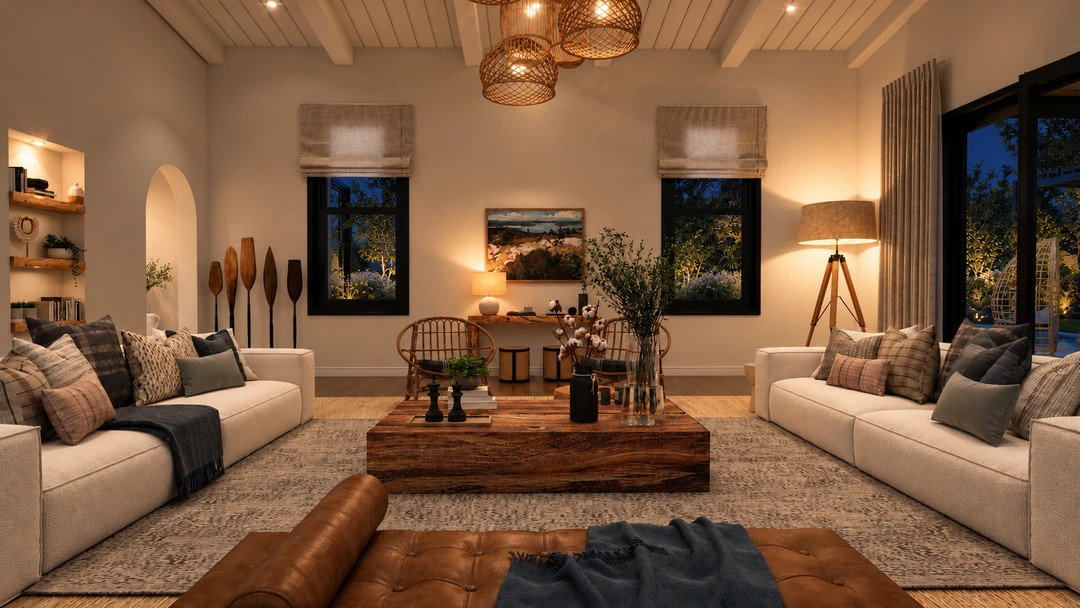 Evening living room with white sofas and large windows — Newport Beach, CA, Studio Dalika; project view 13