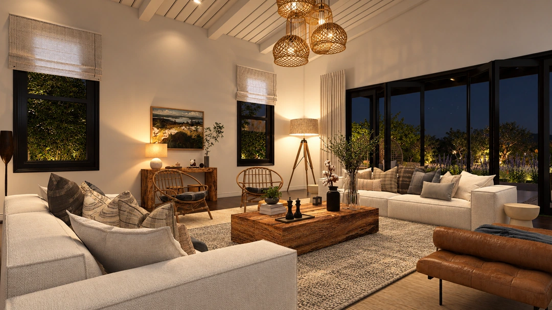 Evening living room with fireplace and white seating — Newport Beach, CA, Studio Dalika; project view 14