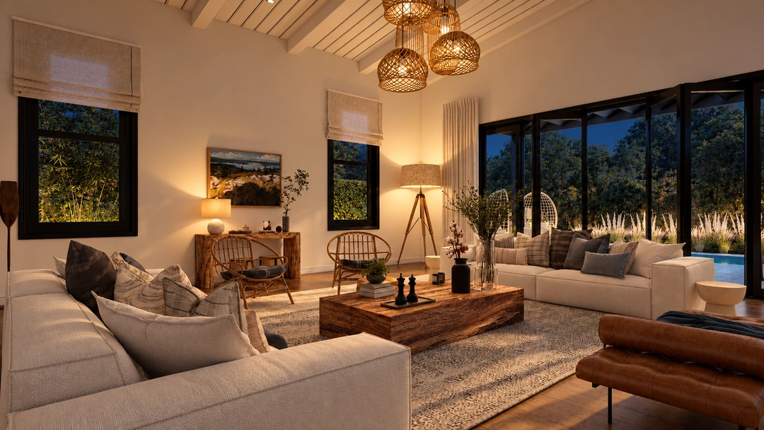 Evening living room with fireplace and woven pendant lights — Newport Beach, CA, Studio Dalika; project view 15