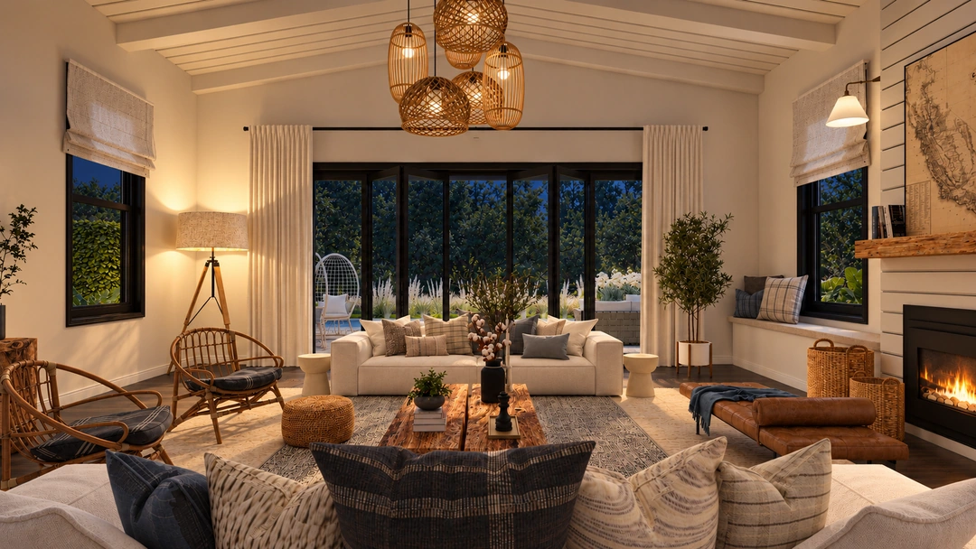 Evening living room with broad windows and soft seating — Newport Beach, CA, Studio Dalika; project view 16