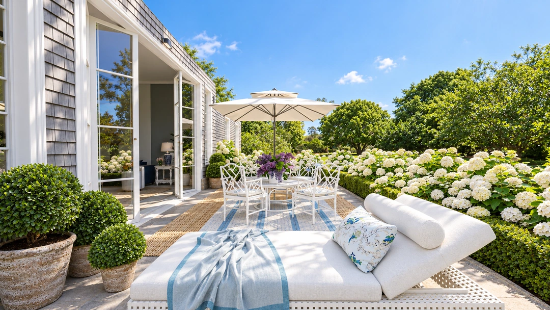 Garden terrace with curved sofa and dining furniture — Wilmington, NC, Studio Dalika; project view 5