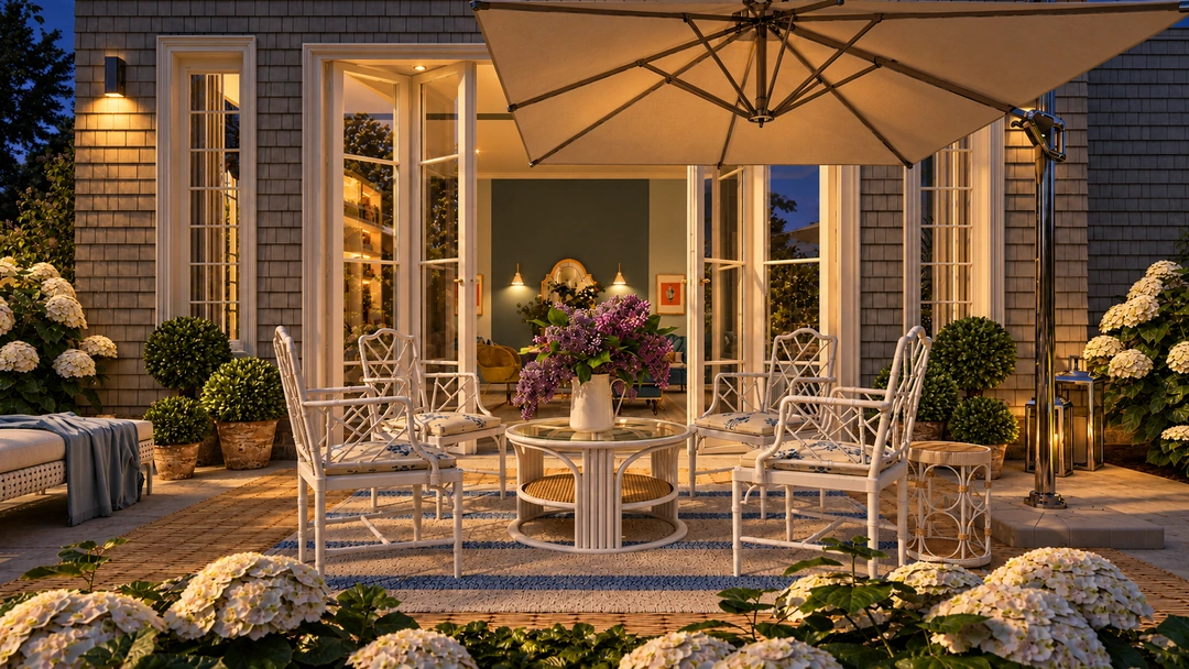 Evening outdoor dining terrace beneath large umbrella — Wilmington, NC, Studio Dalika; project view 6